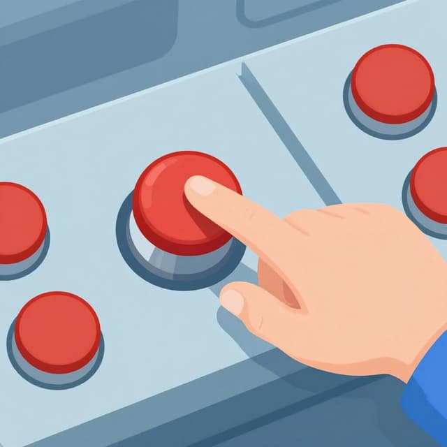 Ein großer roter Knopf, der von einem Finger gedrückt wird, um einen Startvorgang zu stoppen.