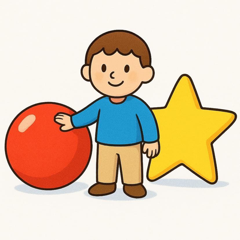 A stylized character stands between two large, brightly colored objects: a red ball and a yellow star. The character is clearly touching the red ball, indicating that a selection has been made.