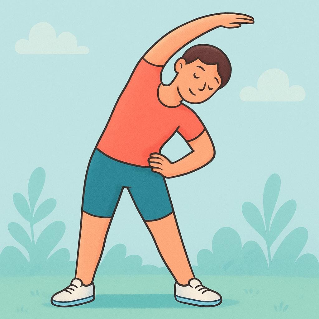 Eine einzelne Person in Trainingskleidung, die ihren Arm über die Brust dehnt und deutlich eine Aufwärmübung ausführt.