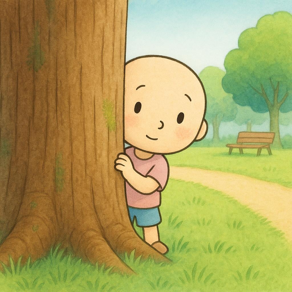 A small, timid character partially hiding behind a large, bright green tree trunk, peeking out nervously with one eye.