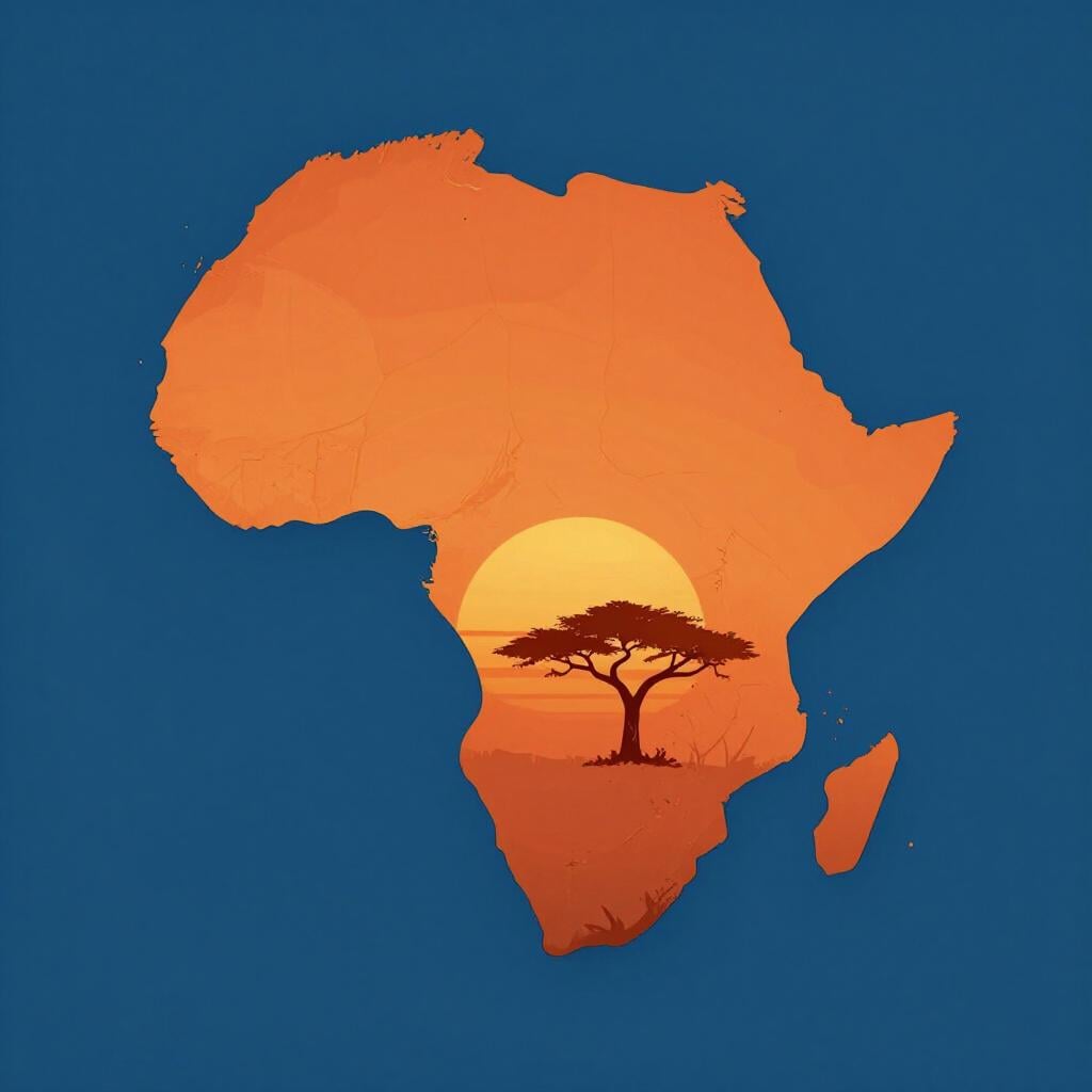 Una silhouette colorata del continente africano su uno sfondo di tramonto vibrante.