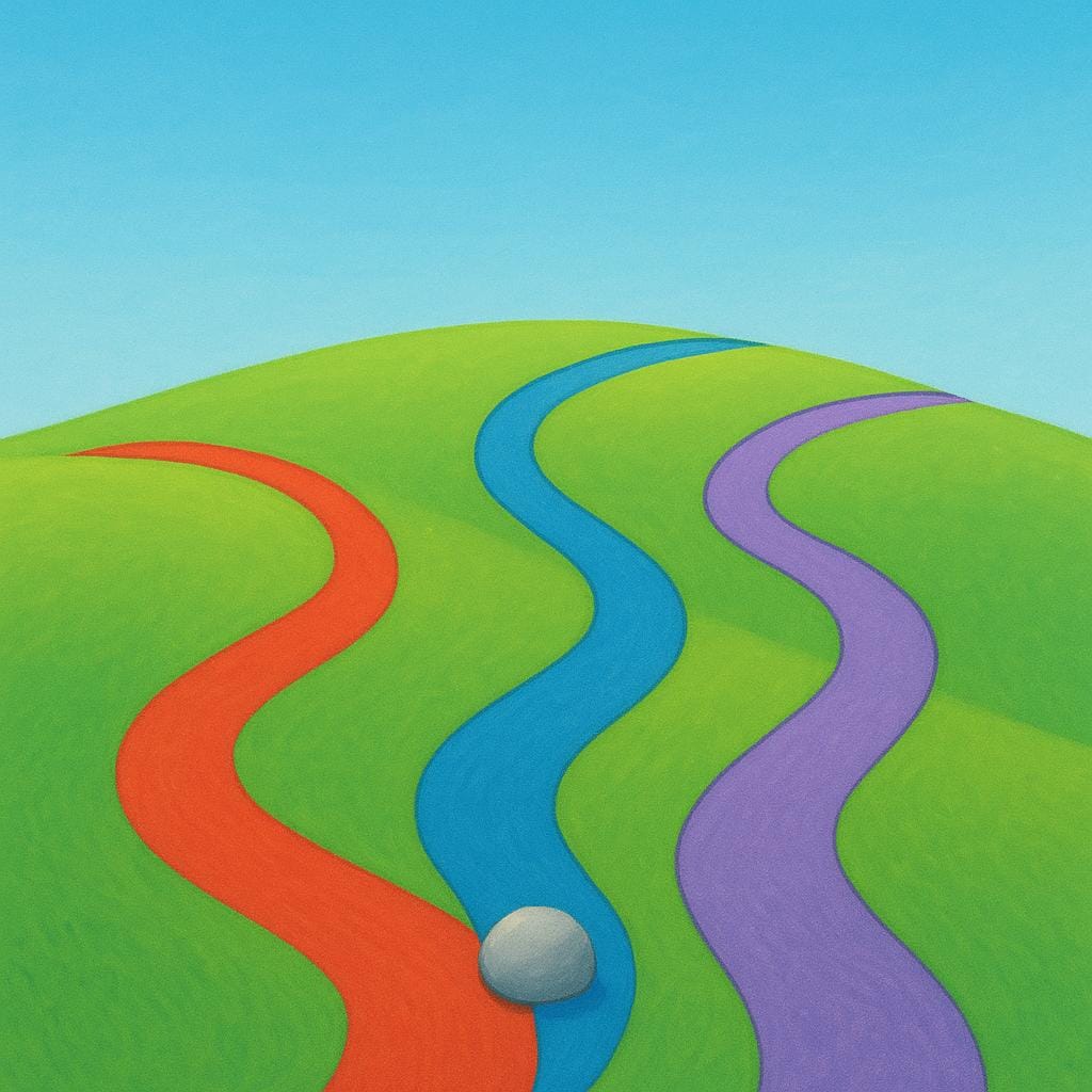 A visual representation of multiple choices: three distinct, open paths diverging from a single starting point on a green landscape.