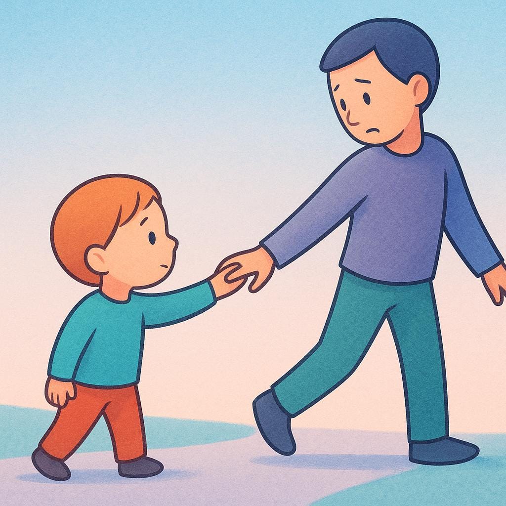 A small figure is gently holding the arm of a larger figure who is facing away, symbolizing a plea or command for the larger figure to stay.