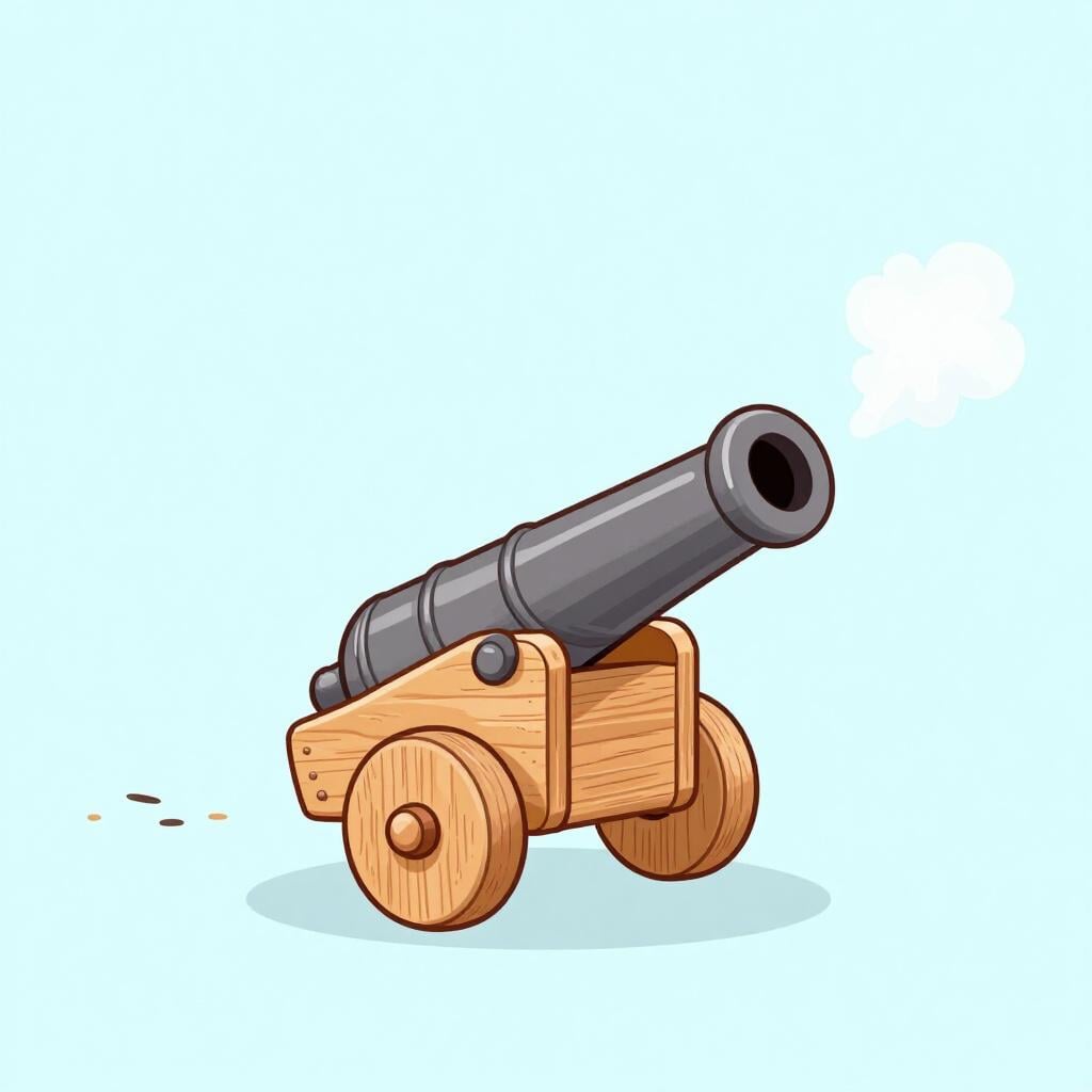 A wooden toy cannon jumping backward after firing a puff of smoke.