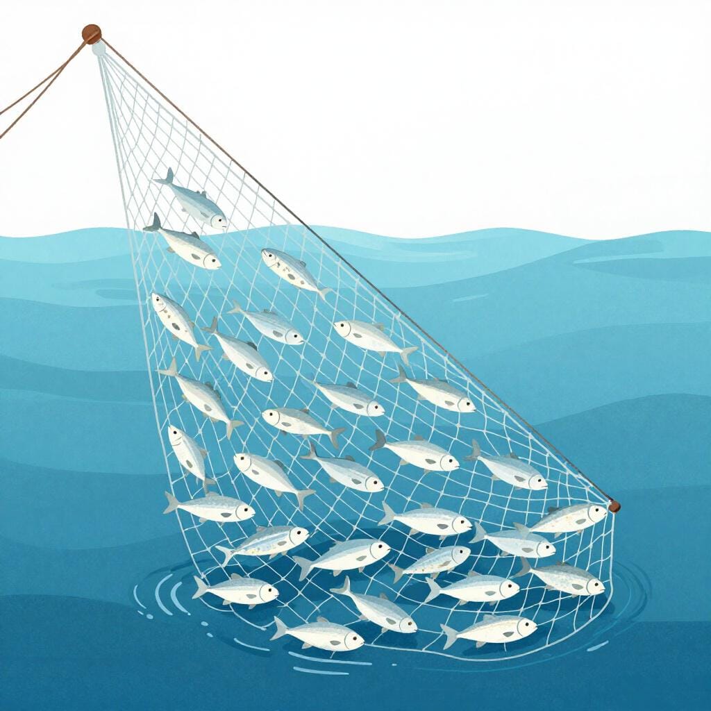 Una grande rete da pesca traboccante di molti pesci argentati scintillanti che viene tirata fuori dall'acqua blu.