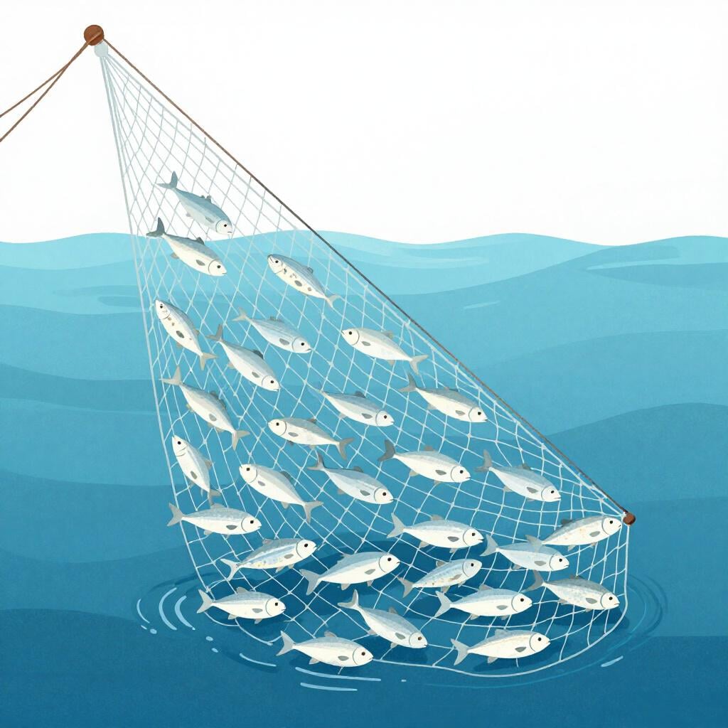 A large fishing net overflowing with many shiny silver fish being pulled out of the blue water.