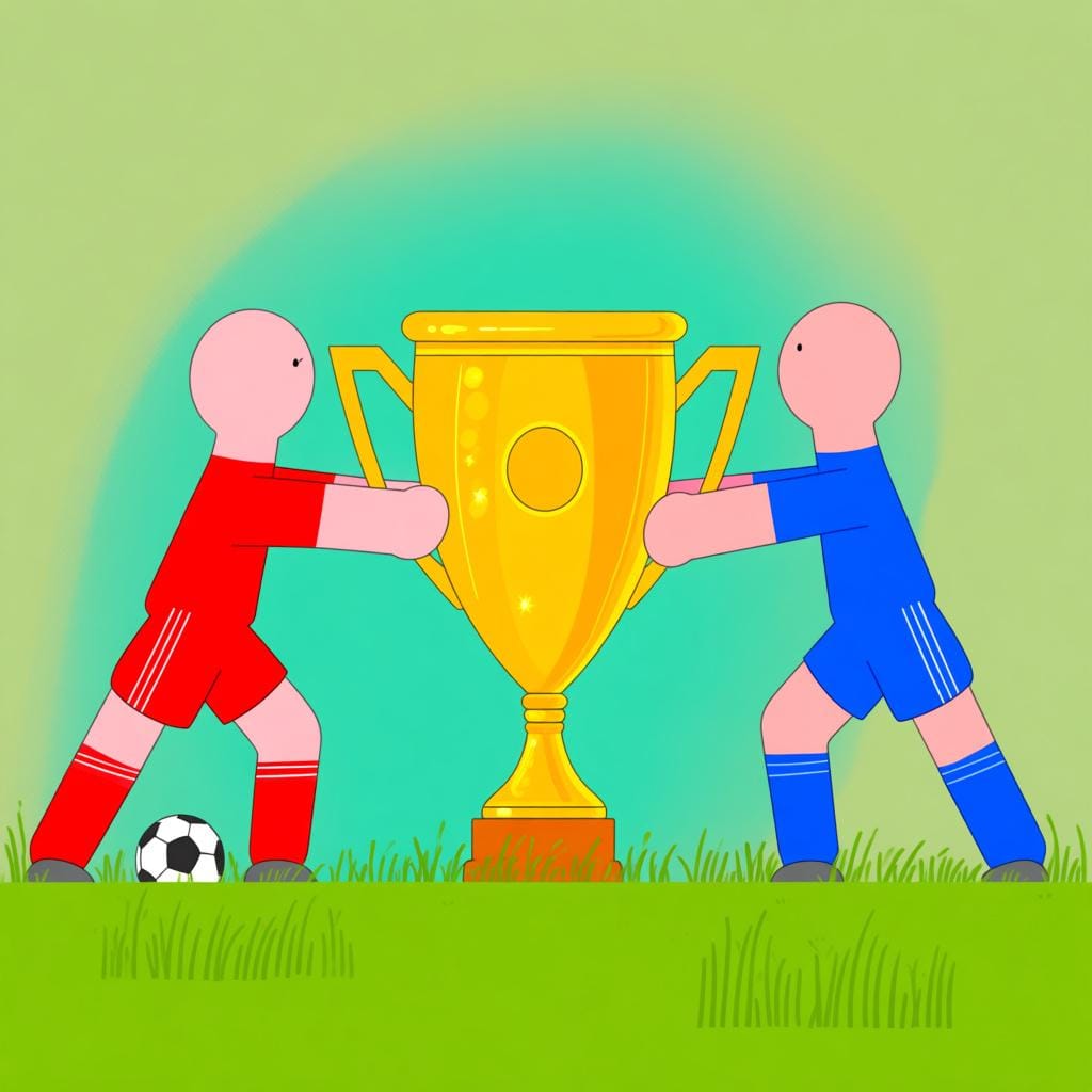 Two opposing athletes competing intensely for a single large trophy, symbolizing a championship final match.