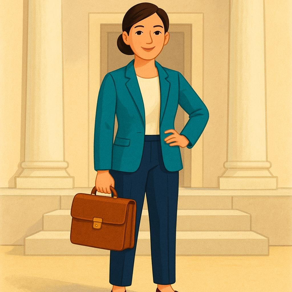 A confident female character dressed in a professional suit, carrying a briefcase, illustrating a female lawyer.