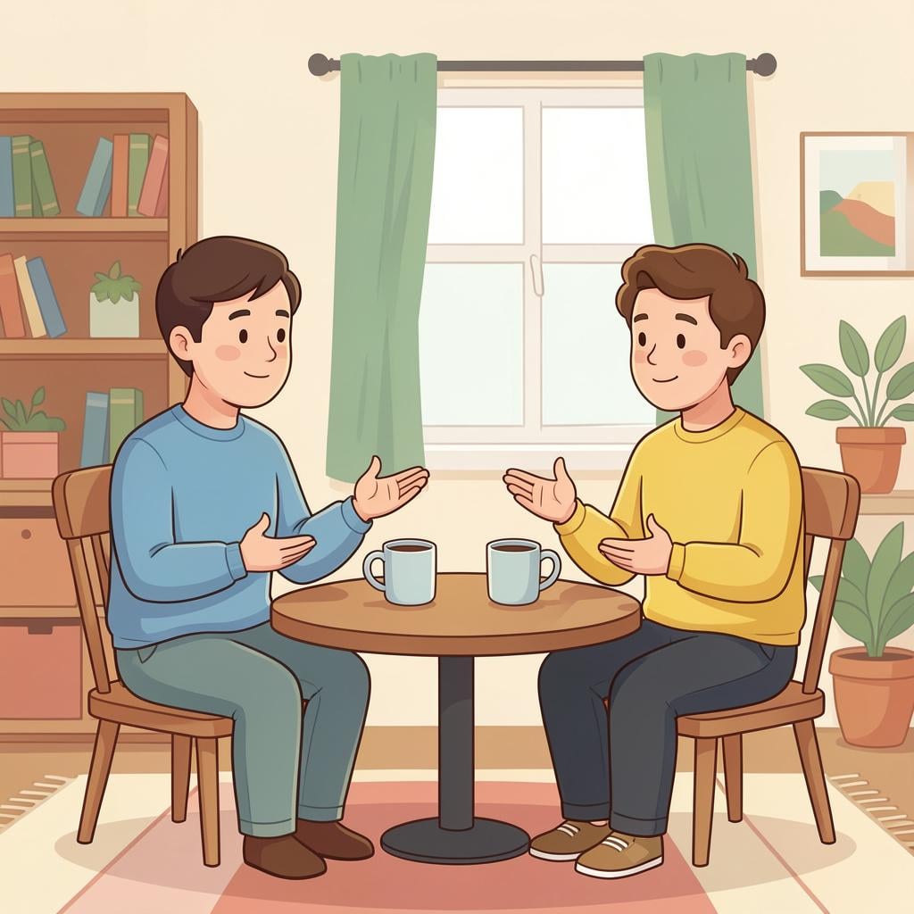 Two people sitting at a round wooden table with coffee mugs, engaged in a calm and friendly conversation.