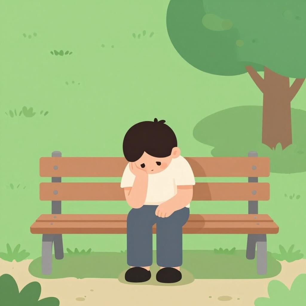 A person sitting alone on a wooden bench with their head down and shoulders slumped, looking sad in a quiet park.