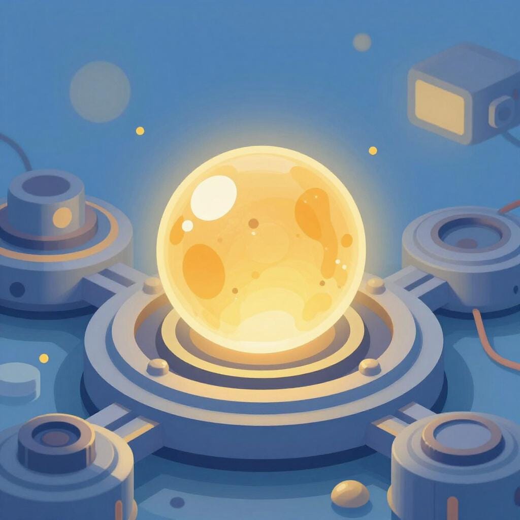 A vibrant illustration of a glowing golden sphere at the center of a complex machine, acting as its main power source.