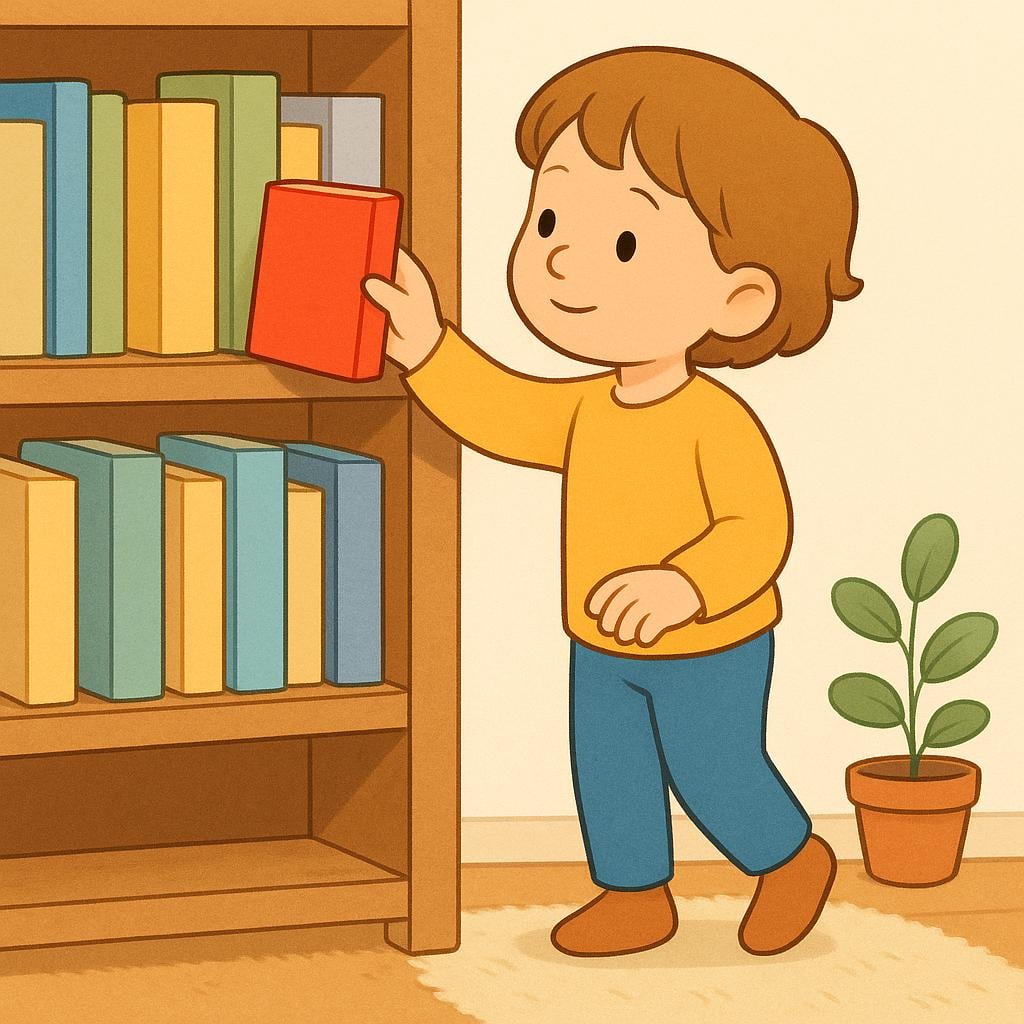 A colorful illustration of a child reaching out to take a single red book from a wooden bookshelf.