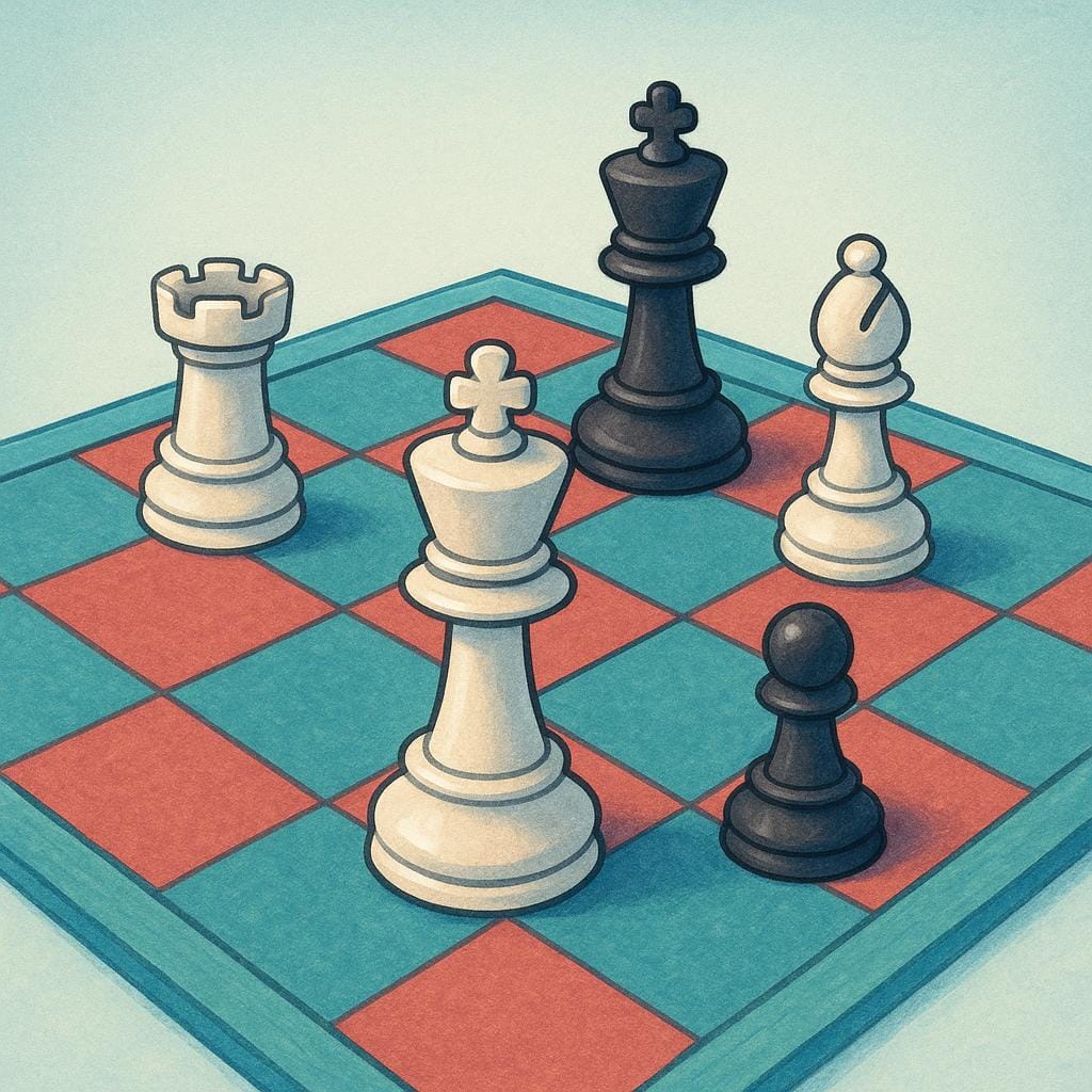 A high-contrast image of a chess board with several simplified black and white chess pieces arranged on the squares. A king piece is clearly visible.