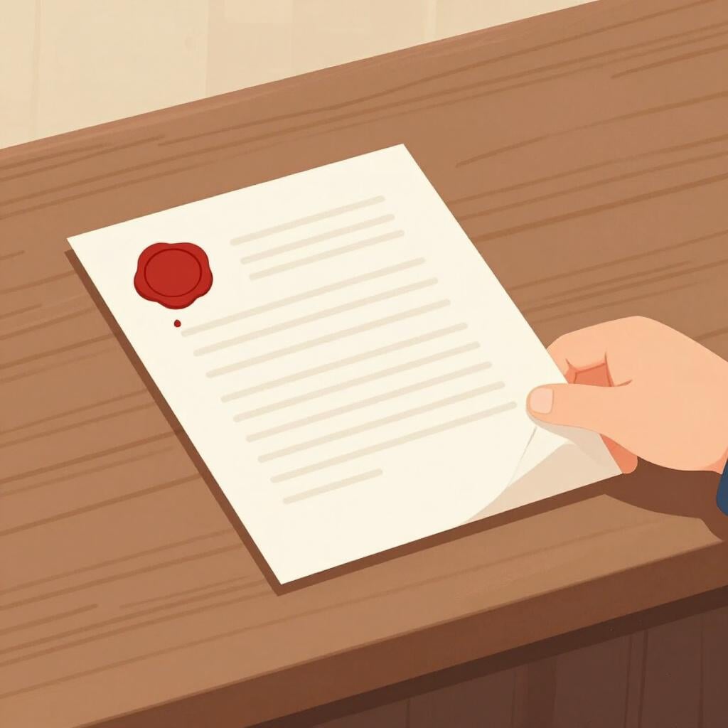 A hand placing a formal document with a red wax seal onto a wooden desk.