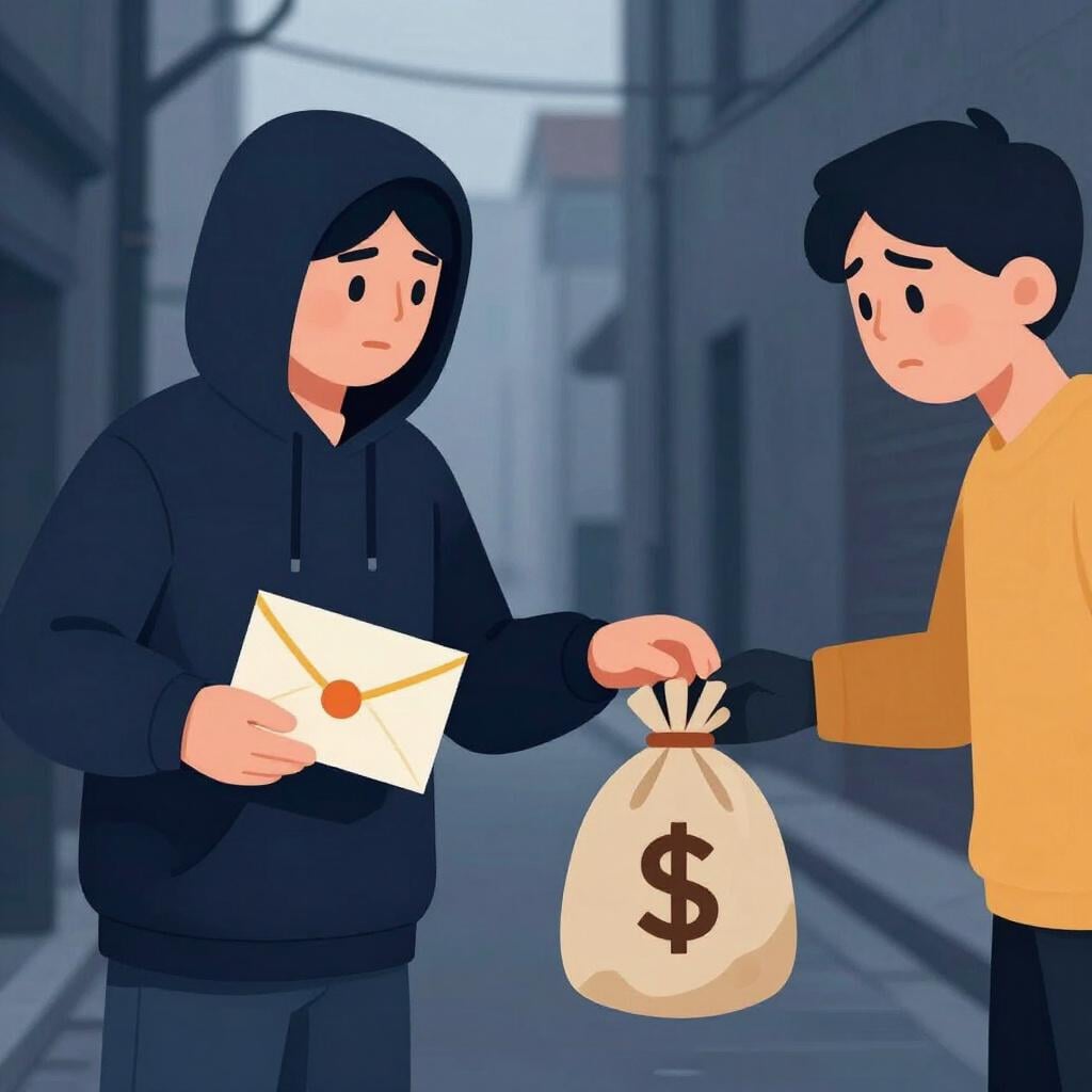 A shadowy figure holding a secret envelope while demanding a bag of money from a worried person.