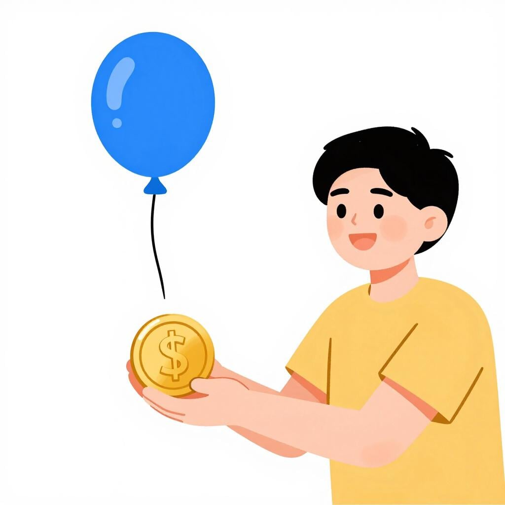 A person happily trading a large, shiny gold coin for a simple, colorful balloon offered by a shadowy figure.
