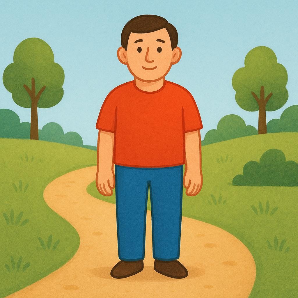 Een eenvoudige kinderboekillustratie van een man met een rood shirt en een blauwe broek. Hij rende, maar staat nu perfect stil op een zandpad, wat illustreert dat zijn beweging is gestopt.