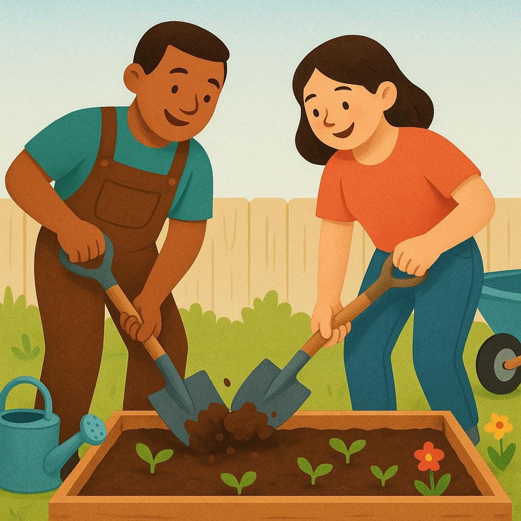 Two friendly figures, a man and a woman, smiling while actively using large shovels to dig soil side-by-side in a brightly colored garden.