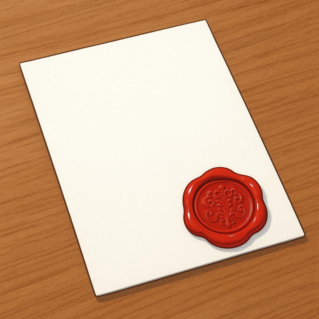 A pristine document with a large, authoritative red wax seal stamped on the corner, representing official authorization.