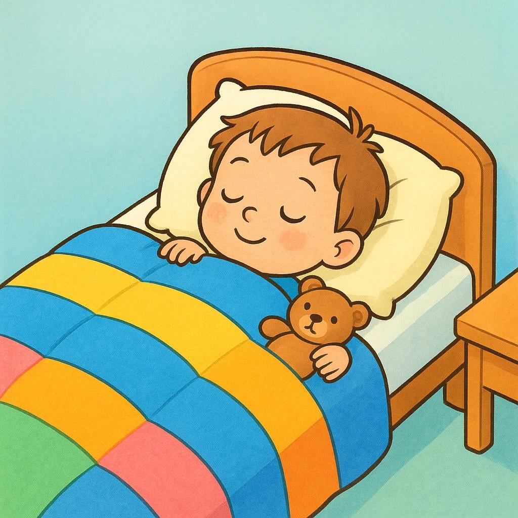 A colorful storybook illustration of a small child sleeping peacefully, tucked into a cozy bed under a blue blanket.