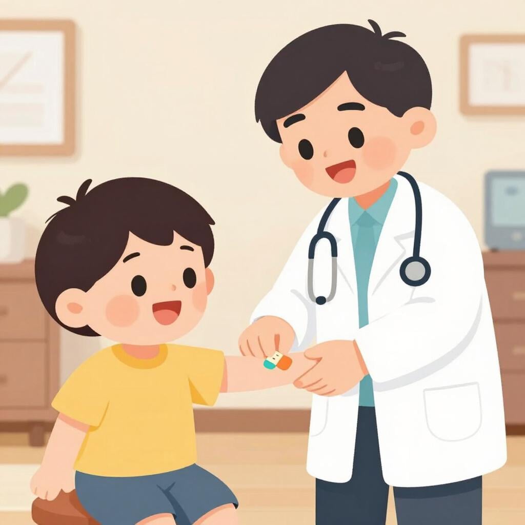 A doctor gently applying a small bandage to a child's upper arm.