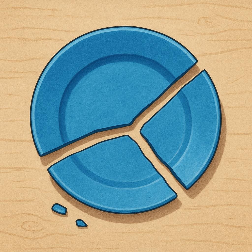 A ceramic plate broken into several large pieces on a wooden floor.