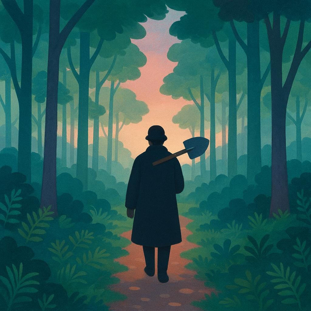 Uma figura solitária caminhando em direção à floresta ao amanhecer, carregando uma pá sobre o ombro, sugerindo um ato sombrio concluído.