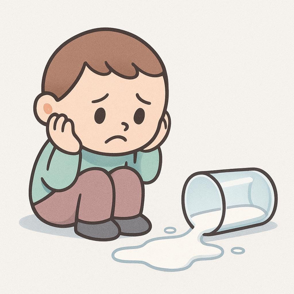 A small, unhappy cartoon character sitting on the ground next to a puddle of spilled milk, holding their head in their hands, depicting regret.