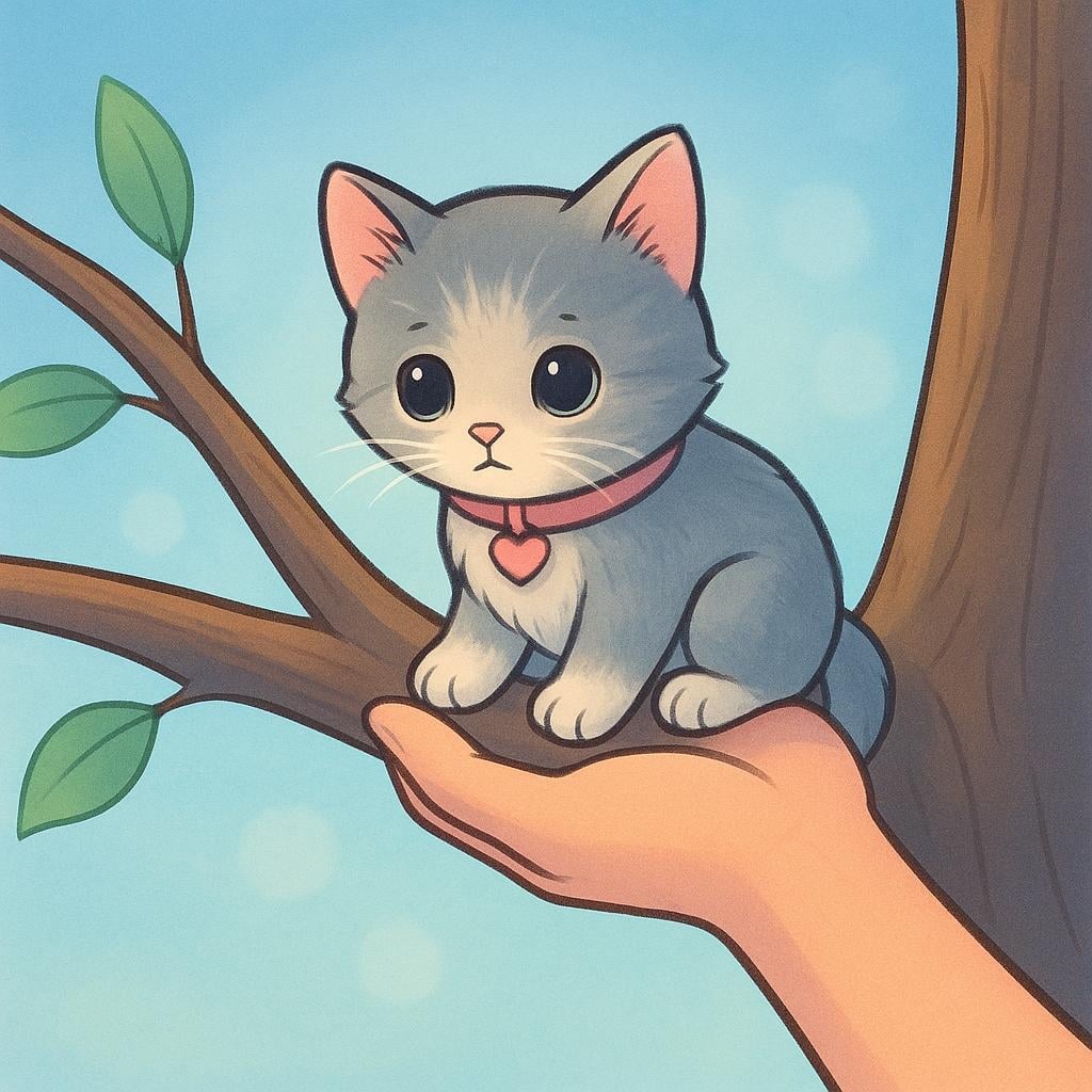 A friendly person reaching out a hand to pull a small kitten up from a low tree branch.