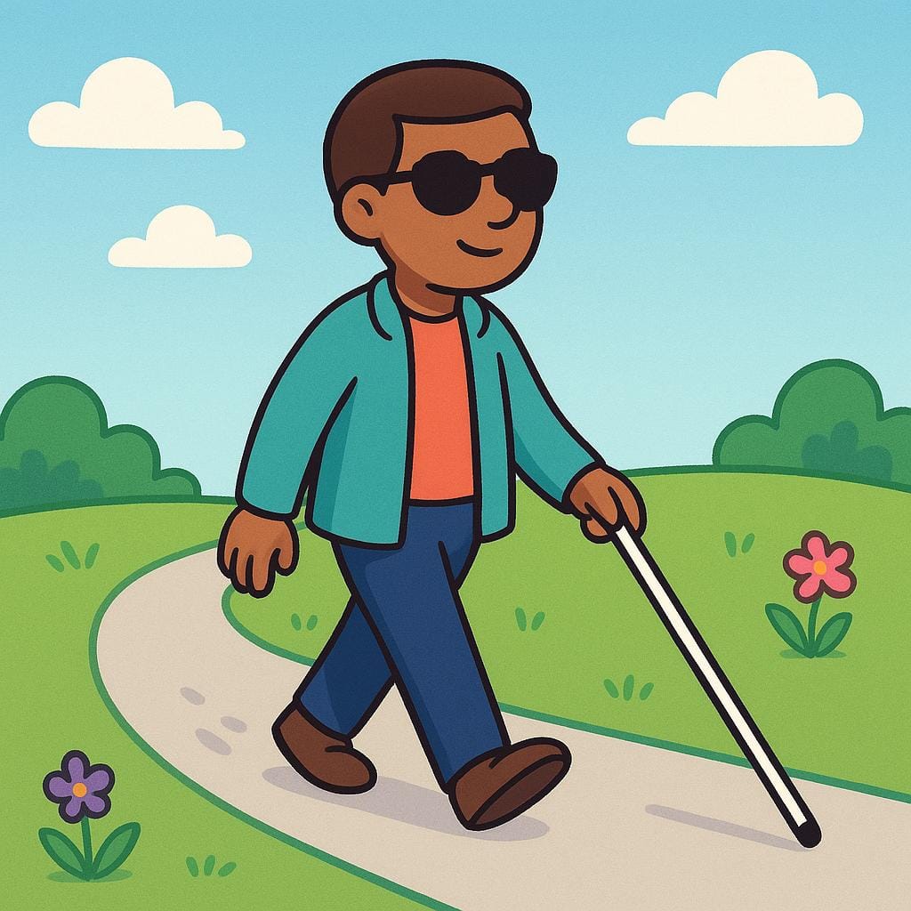A stylized illustration of a person walking, using a white cane to navigate the path ahead.