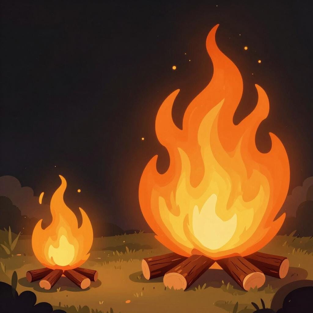 A small campfire growing into a large, bright, and powerful orange flame.