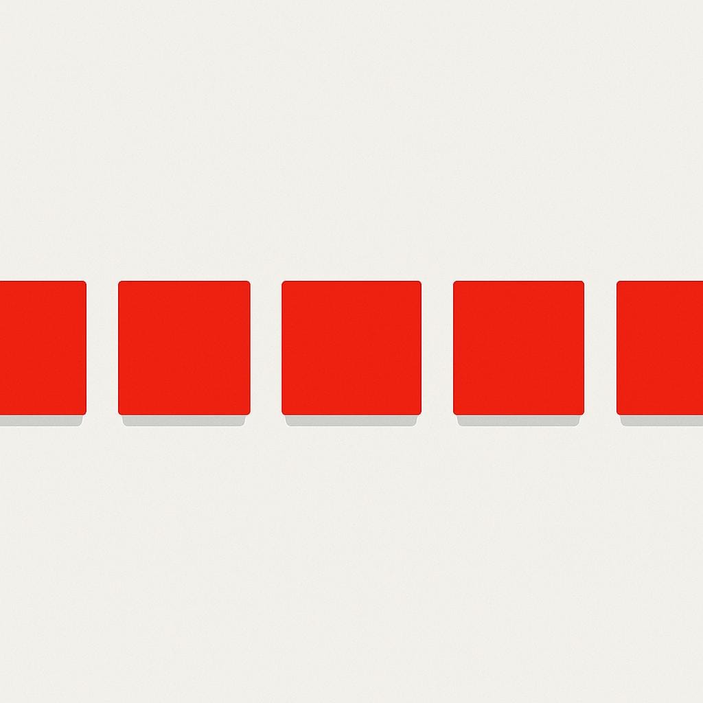 Five identical red squares lined up perfectly in a straight row, illustrating consistency.