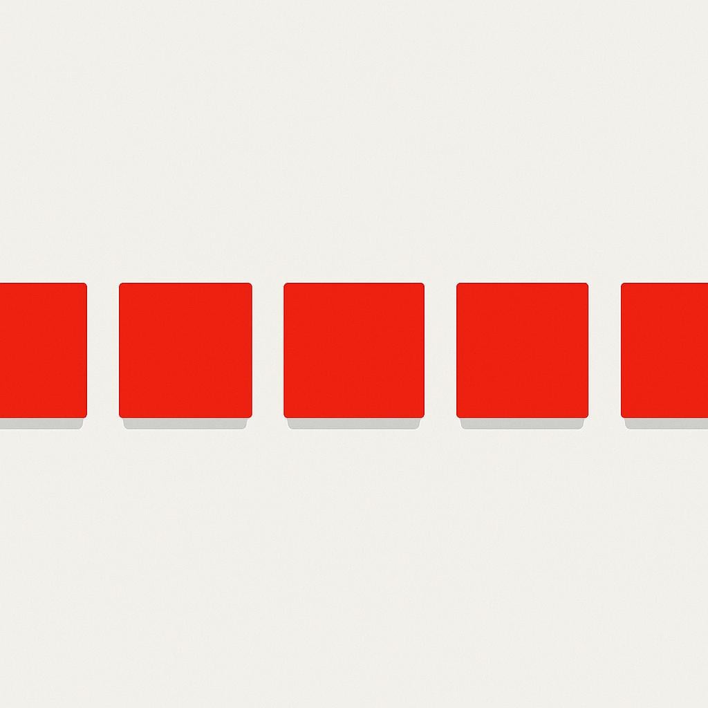 Five identical red squares lined up perfectly in a straight row, illustrating consistency.