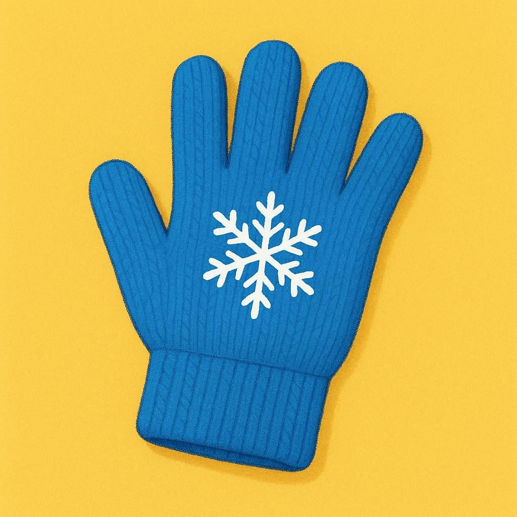 A single blue winter glove with a white snowflake pattern on the back, lying on a flat yellow surface.