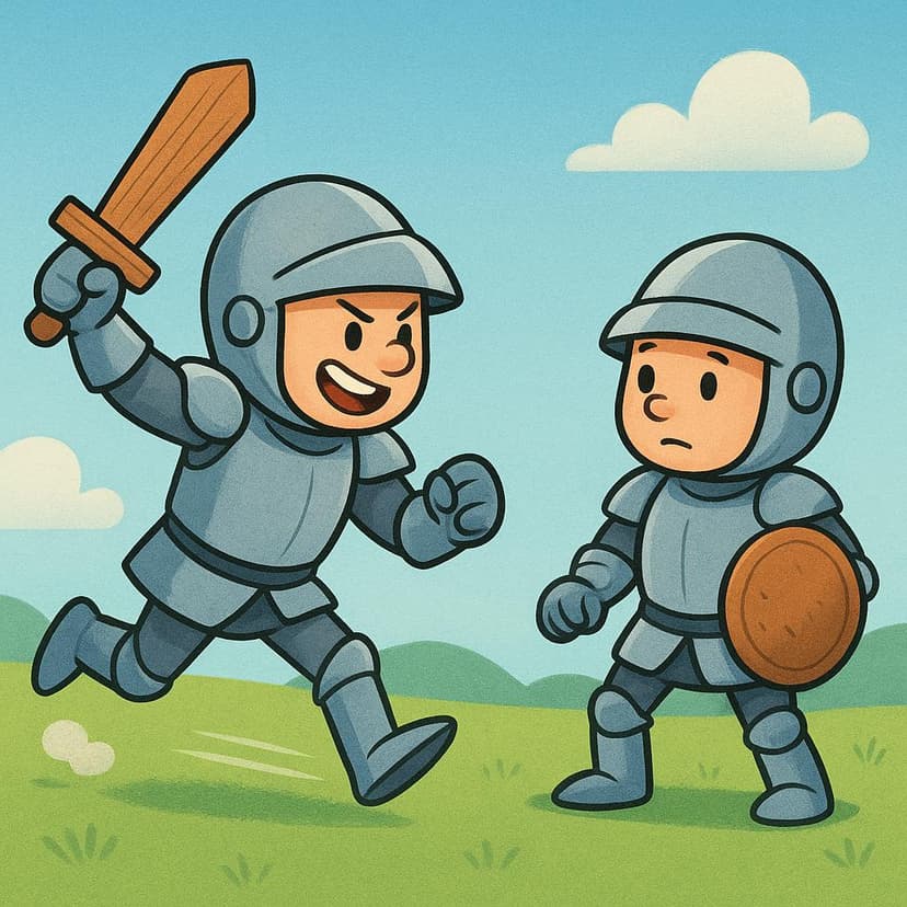 A high quality simple colorful storybook illustration showing two stylized figures in simple armor, one charging aggressively at the other with a wooden sword raised, symbolizing a physical assault.