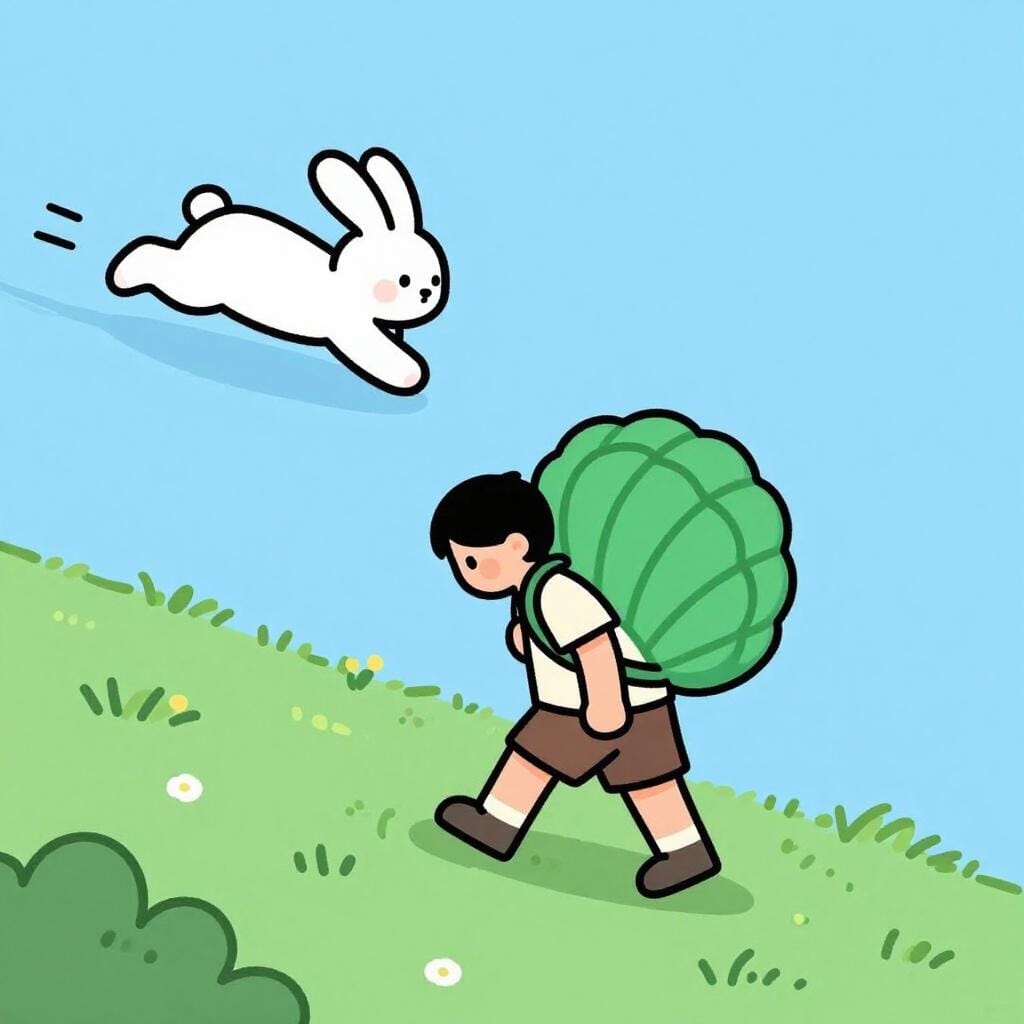 A person walking very slowly with a giant, heavy backpack while others walk quickly past them.