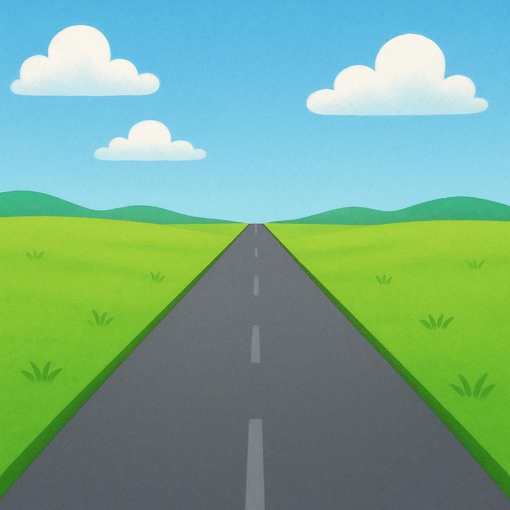 A long, straight, empty paved road running through a field, emphasizing that there are no barriers or traffic.