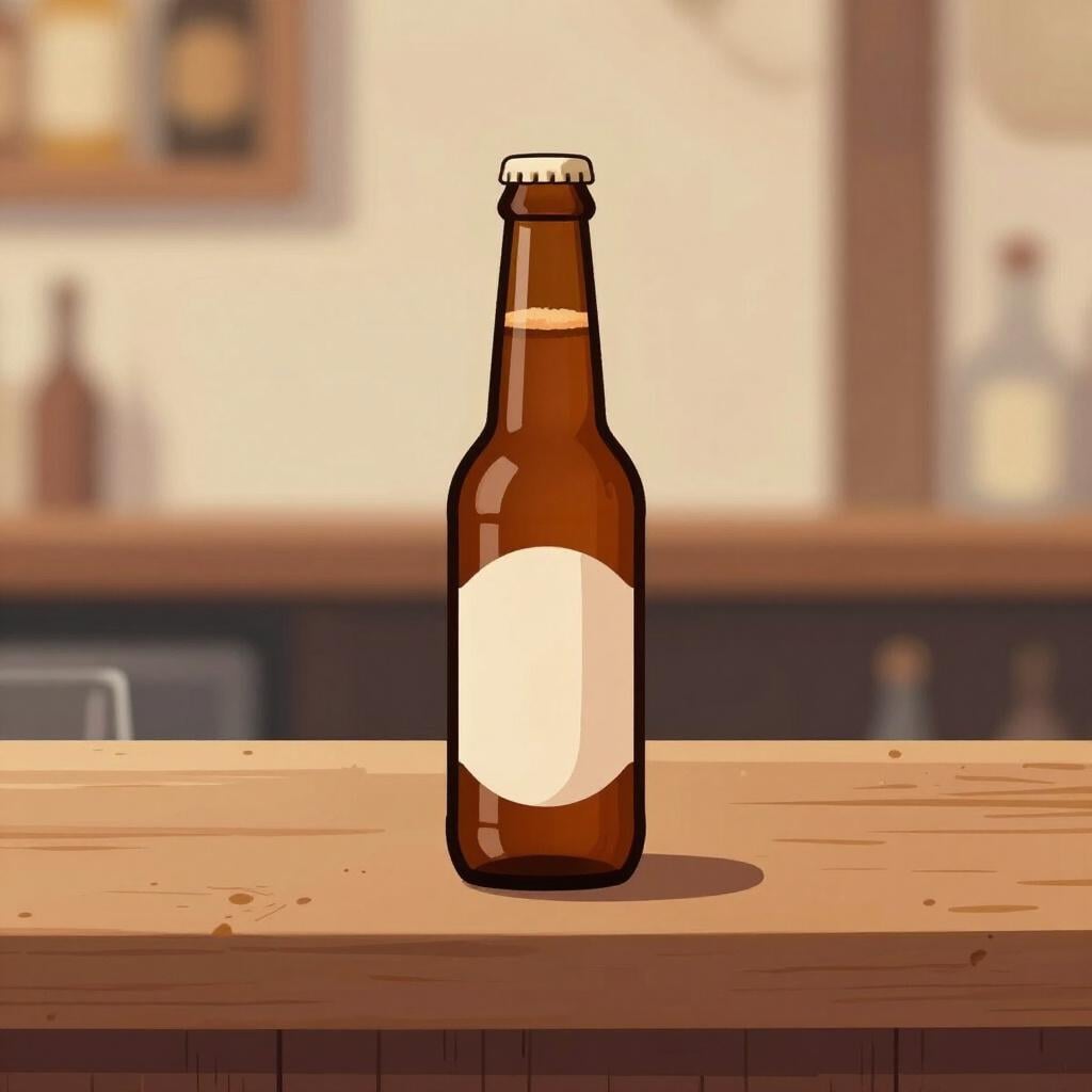 Eine kleine braune Glasflasche Bier auf einem hölzernen Bartresen.