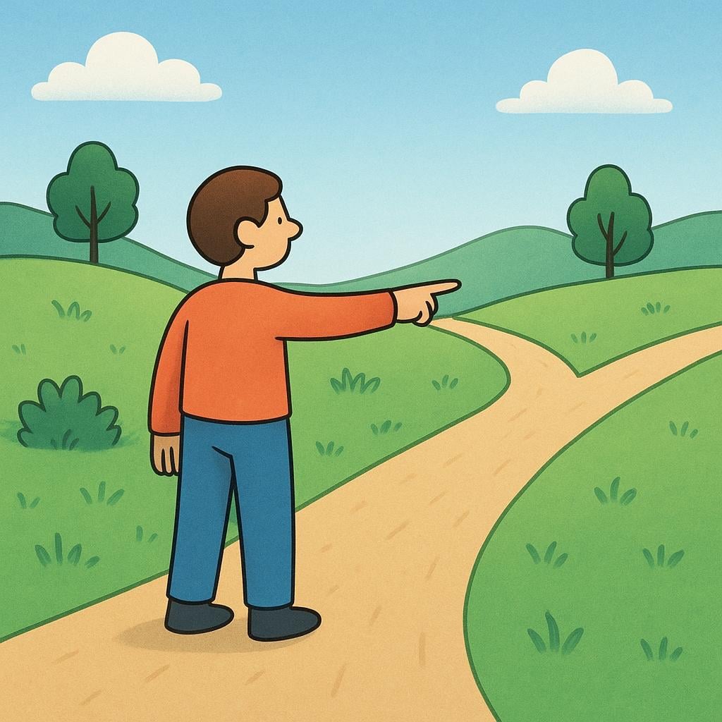A solitary figure standing at a clear fork in a dirt road, pointing firmly down the path to the right, symbolizing making a decision.