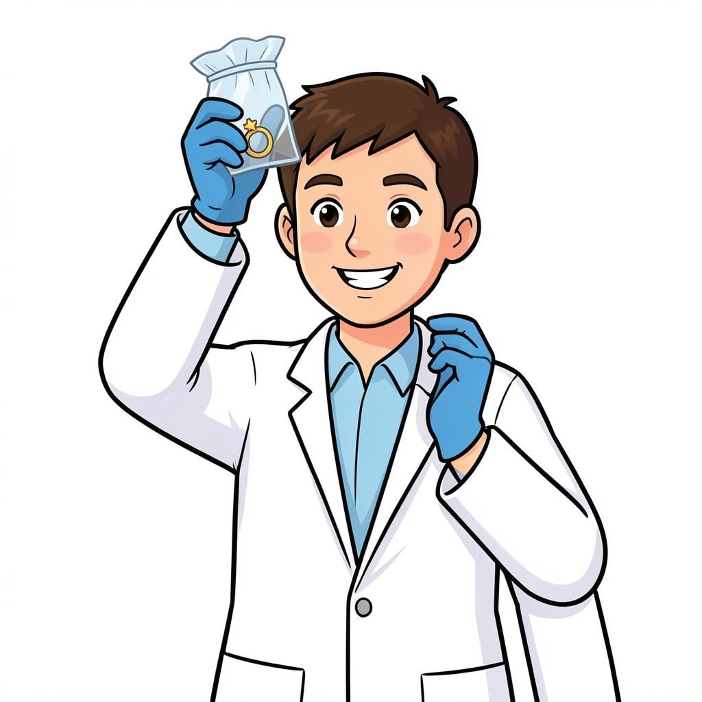 A person in a white lab coat and blue gloves carefully holding a small evidence bag with a gold ring inside.