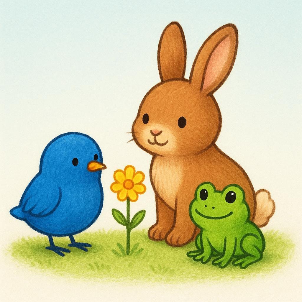 A simple storybook illustration showing a blue bird, a brown rabbit, and a green frog standing near a yellow flower.
