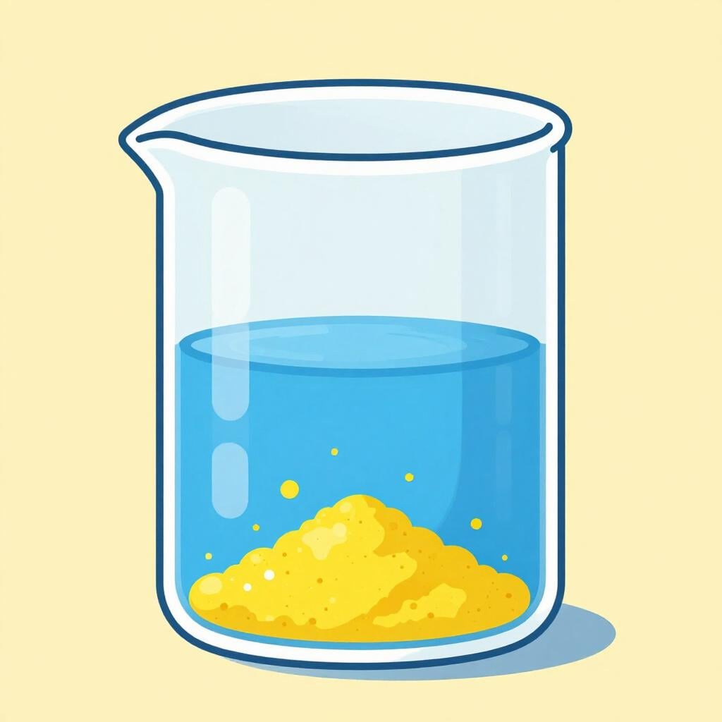 Um béquer de vidro transparente mostrando flocos sólidos coloridos se depositando no fundo de um líquido azul.