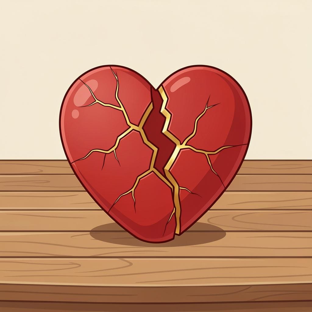 A small, colorful cracked ceramic heart that has been carefully glued back together with gold lines.