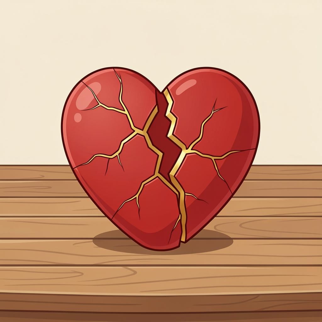 A small, colorful cracked ceramic heart that has been carefully glued back together with gold lines.