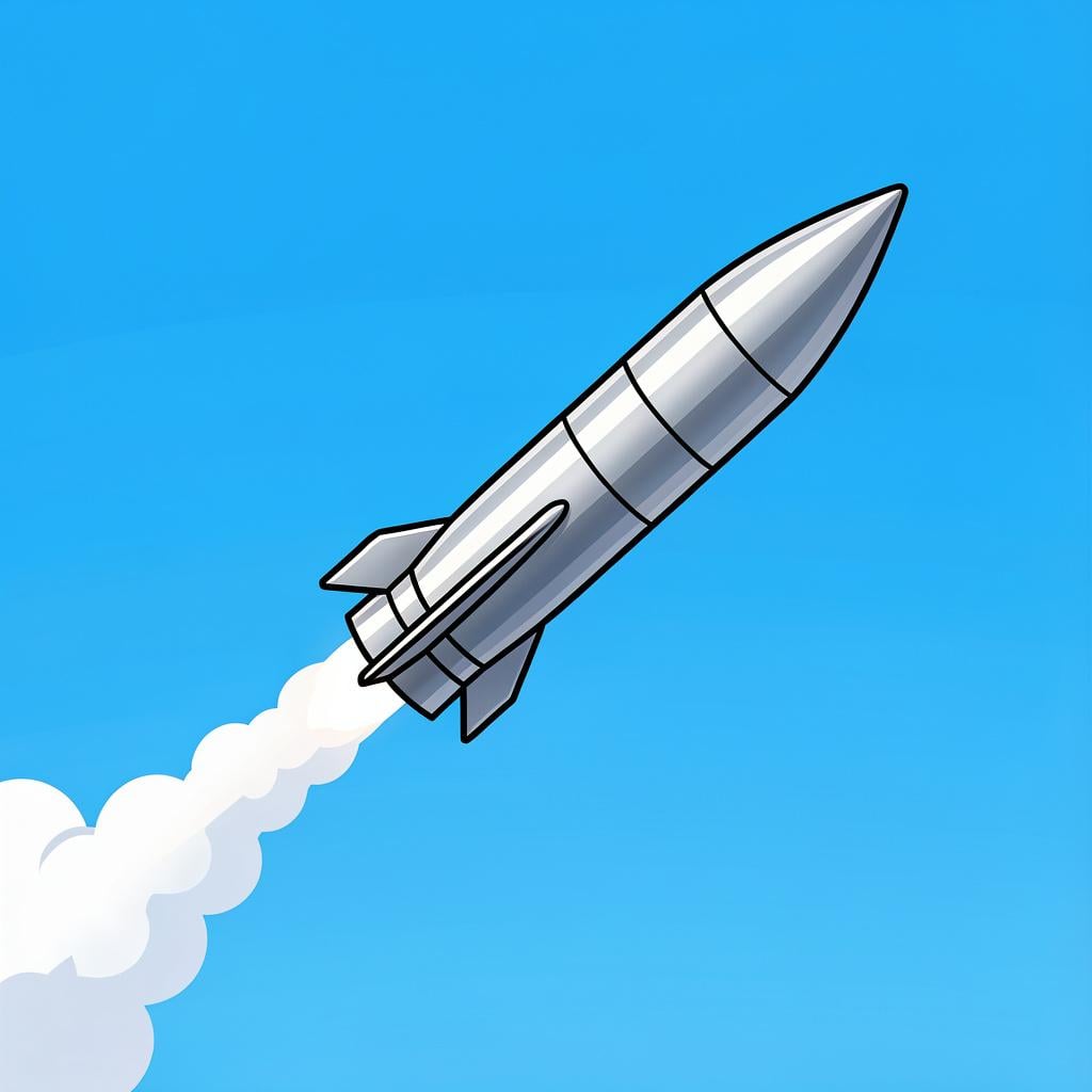 A sleek, metallic missile flying through the air with a trail of white smoke behind it against a clear blue sky.