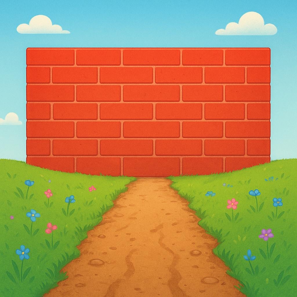 A simple dirt path leading directly up to a massive, solid, bright red brick wall that completely blocks any further movement.