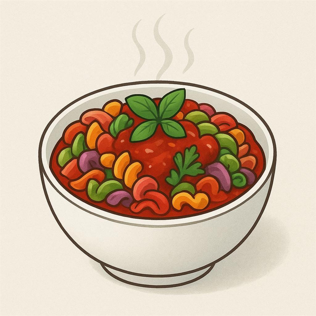 A steaming bowl filled with a colorful, prepared meal, specifically pasta with red sauce.