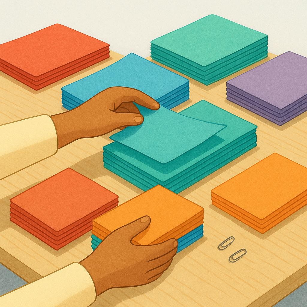 A person's hands neatly sorting and organizing several distinct stacks of colorful documents on a clean wooden desk, representing the act of managing tasks.