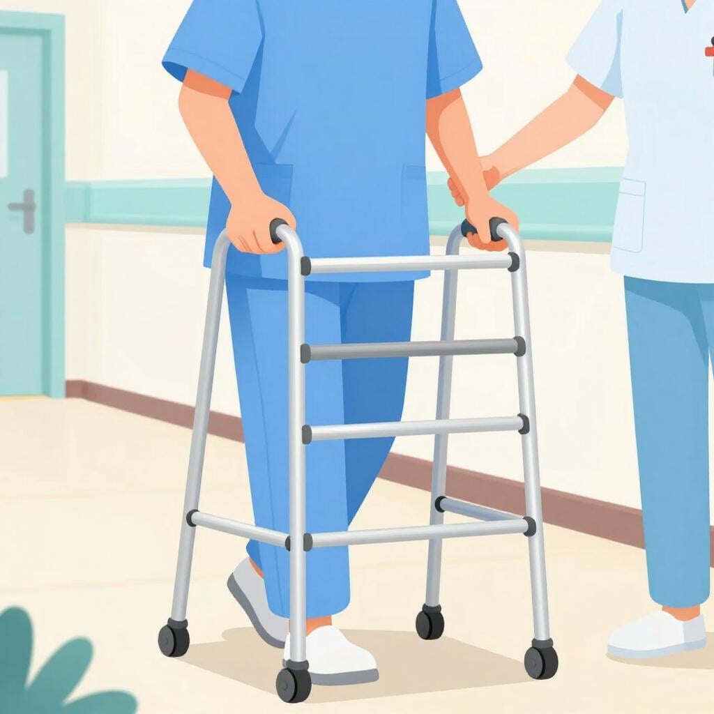 Une personne en blouse d'hôpital utilisant un déambulateur pour faire des pas prudents dans un couloir lumineux.