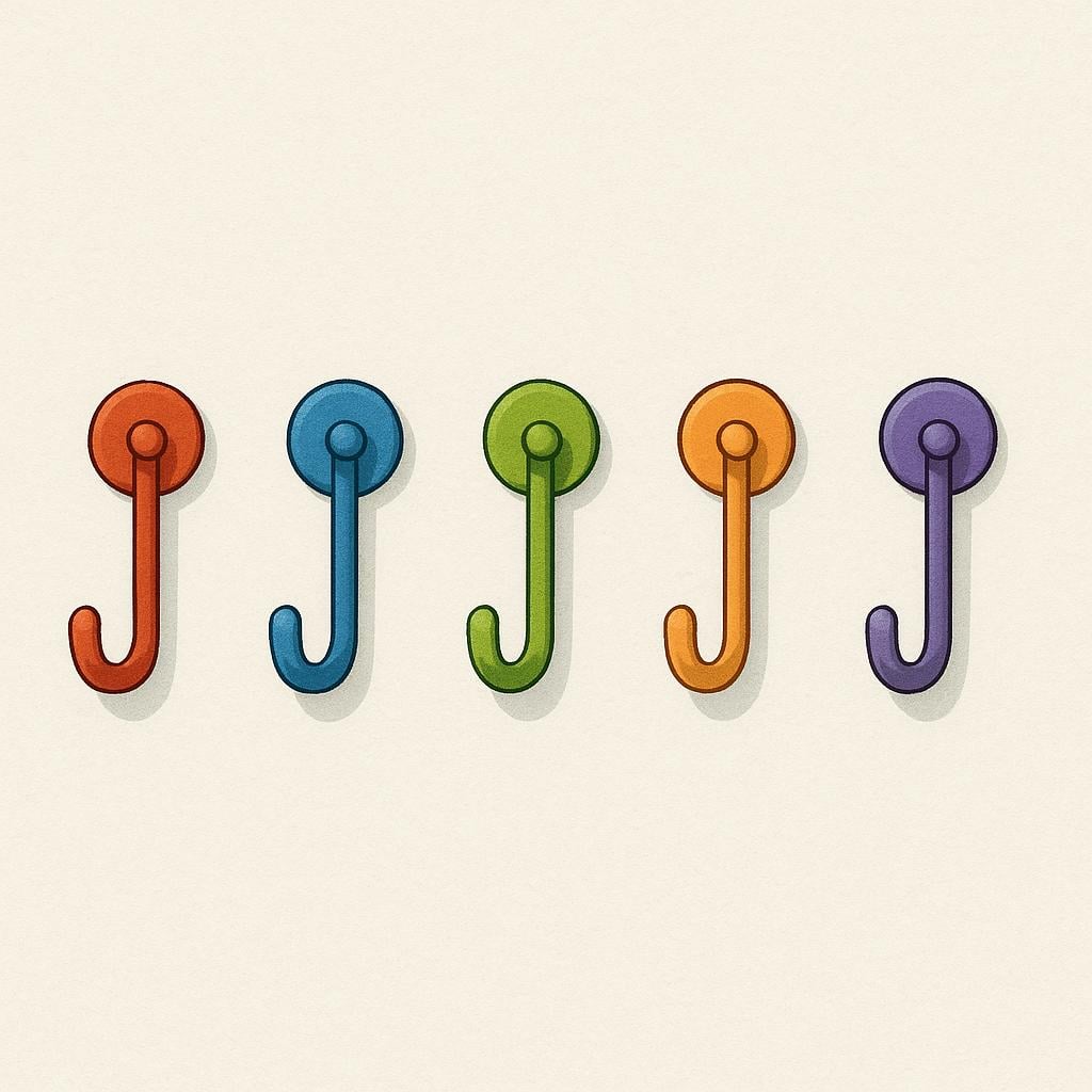 A row of five brightly colored coat hooks mounted on a wall. All five hooks are completely empty, representing 'none' from a specific group.
